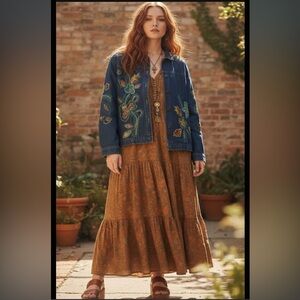 Coldwater Creek Blue Jean Jacket with Colorful Embroidery